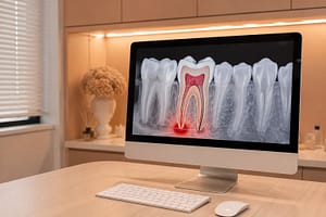 Ilustração odontológica mostrando a estrutura interna do dente e o tratamento de canal em consultório moderno em Balneário Camboriú