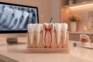 Ilustração odontológica mostrando o retratamento de canal com instrumento endodôntico e anatomia interna do dente em consultório moderno de Balneário Camboriú